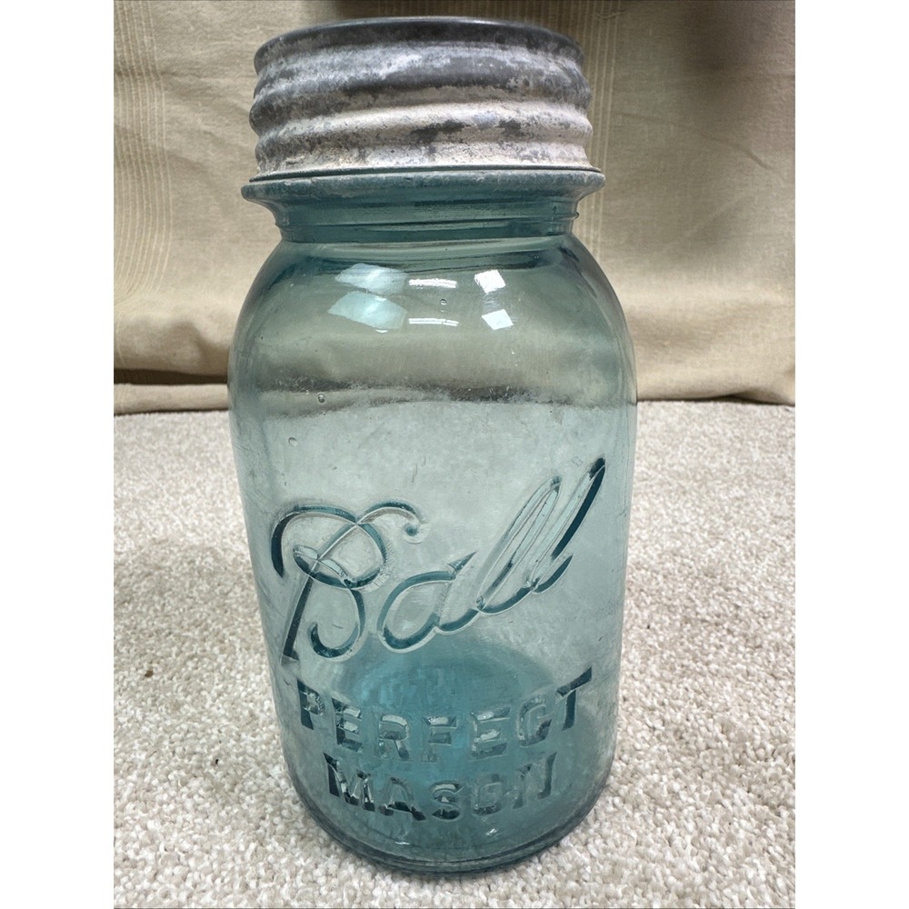 Ball 1923-1933 Aqua Blue Green Perfect Mason Jar #4 Fruit Canning With Lid